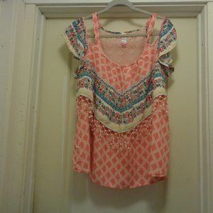 PRETTY IN PEACHY PRINTS BOHO W BLUE BLOUSE 1 X / 2 X